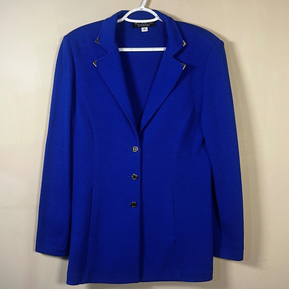 Vintage St John Marie Gray Royal Blue Santana Knit Blazer 10 Gold Accents